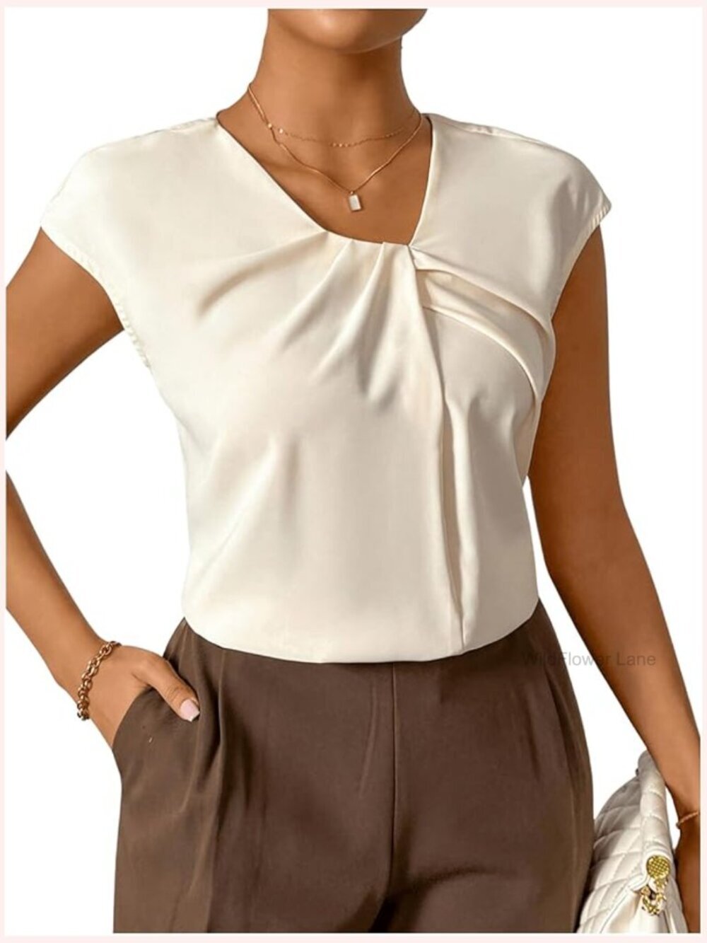 Twist Front Cap Sleeve Blouse V Neck Pleated Work Shirt